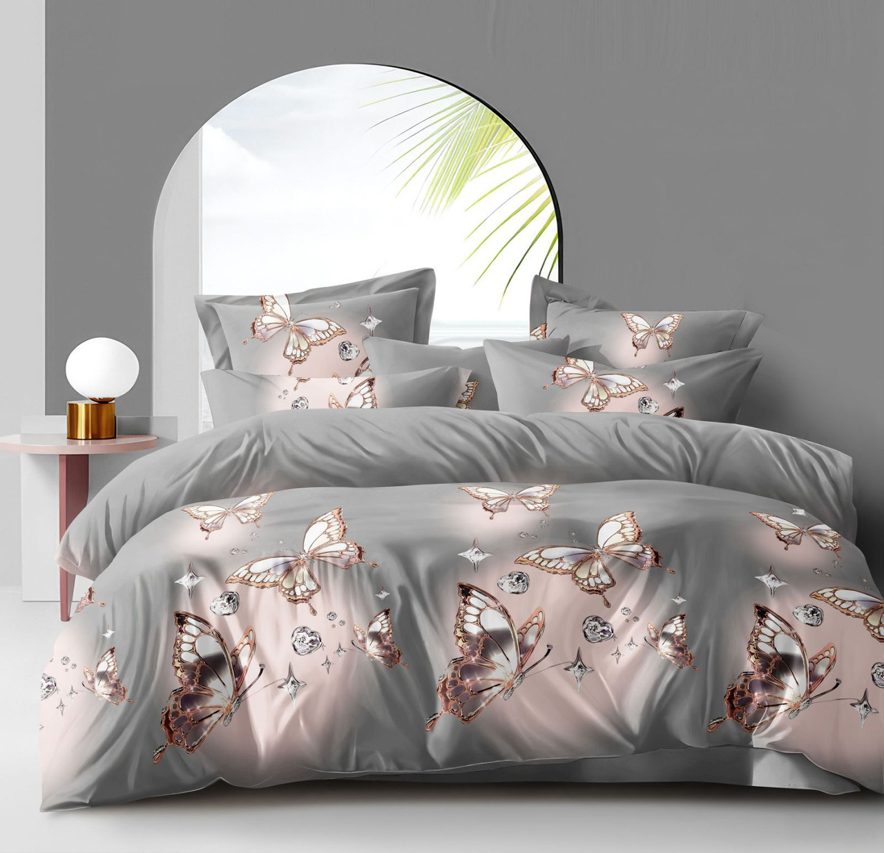 Простирадло 150х220 (Сатин) | Полуторне простирадло від виробника "Королева Ночі" | Метелики на сірому, фото 1