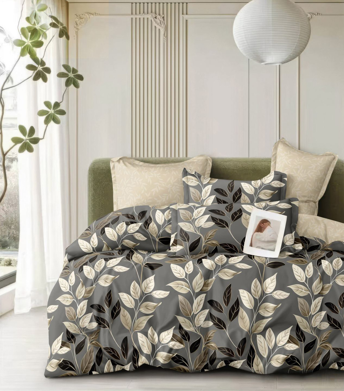 Постільна білизна Королева Ночі (Сатин) | Полуторний комплект | 50х70 | Листя на сірому, фото 1