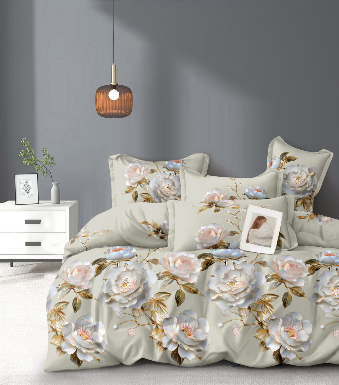 Постільна білизна Королева Ночі (Сатин) | Полуторний комплект | 50х70 | Троянди на світло-оливковому, фото 1