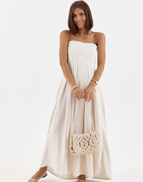 Літня жіноча сукня міді без бретелей із складками бежева довга сукня з льону розмір S M, Нове, фото 1