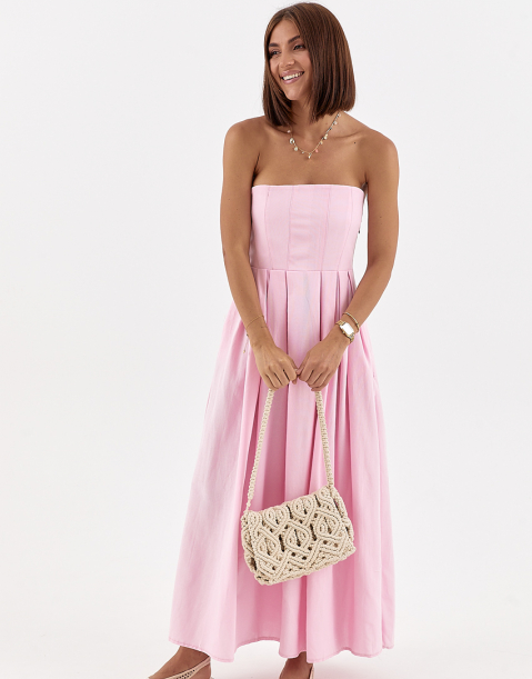 Літня жіноча сукня міді без бретелей із складками рожева довга сукня з льону розмір Л M, Нове, фото 1