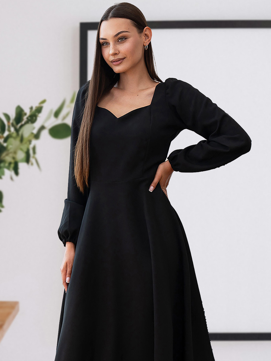 Вишукане стримане класичне вечірнє плаття-міді з довгим рукавом, чорне, фото 1