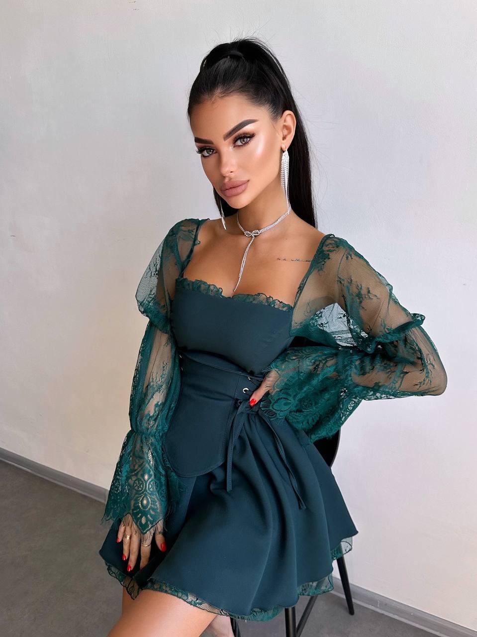 Коктейльне мініплаття з корсетом відкритими плечима та широкими рукавами із сітки (р. 42, 44) 66036096Е, фото 1