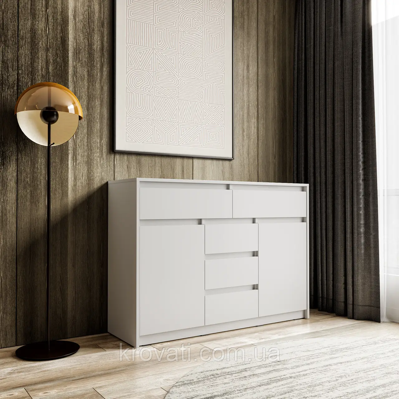 Комод для дому без ручок з 2 дверцятами та 5 шухлядами T-227  Moreli Білий