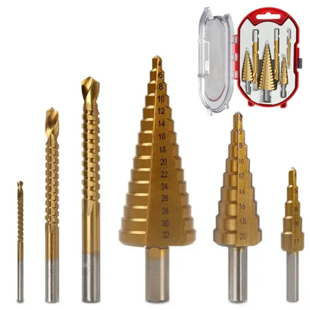 Набір східчастих конусних свердлів з титановим покриттям Фрезерувальні свердла для металу 6 шт в кейсі, фото 1