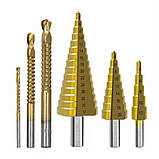 Набір східчастих конусних свердлів з титановим покриттям Фрезерувальні свердла для металу 6 шт в кейсі, фото 8