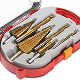 Набір східчастих конусних свердлів з титановим покриттям Фрезерувальні свердла для металу 6 шт в кейсі, фото 2