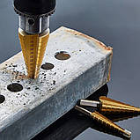 Набір східчастих конусних свердлів з титановим покриттям Фрезерувальні свердла для металу 6 шт в кейсі, фото 3