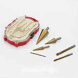 Набір східчастих конусних свердлів з титановим покриттям Фрезерувальні свердла для металу 6 шт в кейсі, фото 10