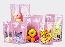 Дой-пак zip-замок пакет рожевий з прозорим вікном  22х15х5 см  пакувальний