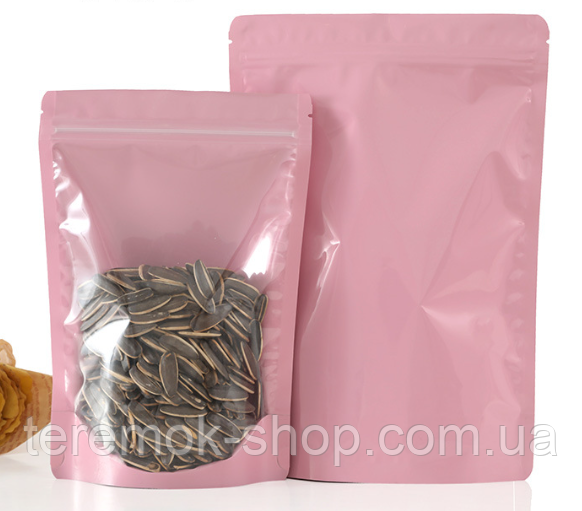 Пакет рожевий з прозорим вікном дой-пак zip-замок 22х15х5 см для упаковки, фото 1