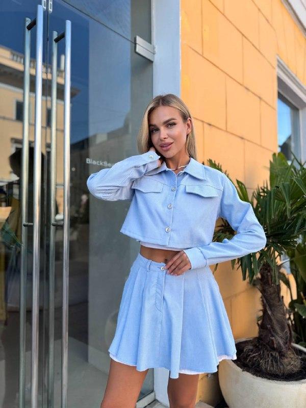 Жіночий костюм зі спідницею-шортами; Колір чорний, графіт, шоколад, беж і блакитний; Розміри: S,M,L,XL ;, фото 1