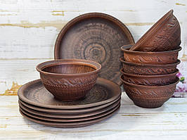 Набір посуду з червоної глини 6 плоских 25 см та 6 глибоких тарілок 600 мл