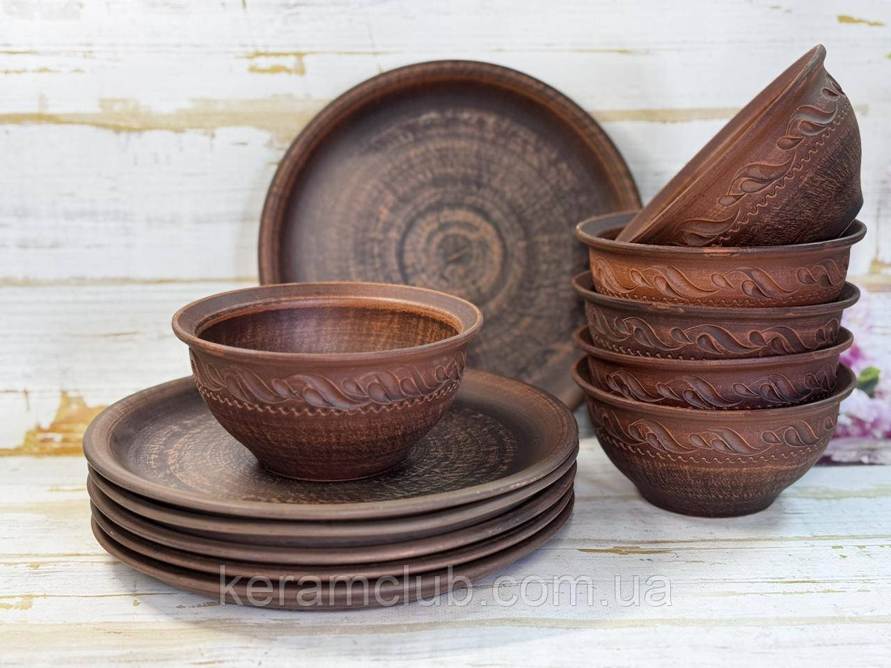 Набір посуду з червоної глини 6 плоских 25 см та 6 глибоких тарілок 600 мл, фото 1