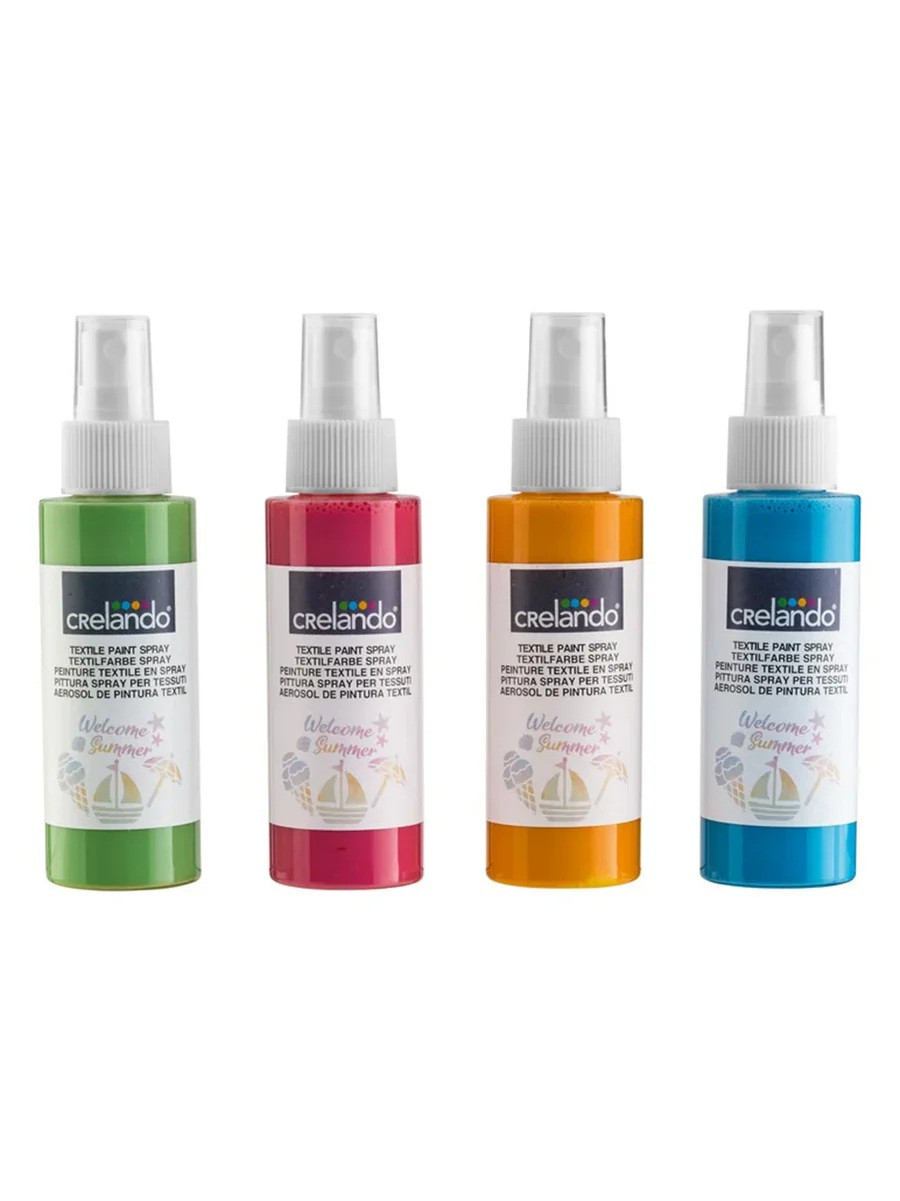 Текстильна фарба спрей для одягу та тканини 4 шт по 100 мл Crelando з 6 шаблонами, аерозольна фарба, фото 1