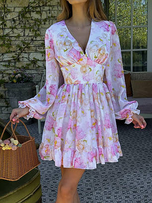 Легка шифонова жіноча сукня з об'ємними рукавами квітковий принт Sms9450, фото 2