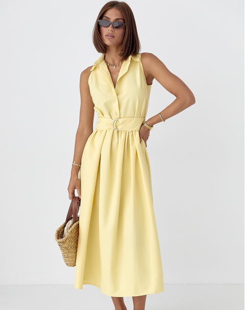 Бавовняна довга жіноча сукня з комірцем лимонна вільна літня сукня міді розмір S, фото 1