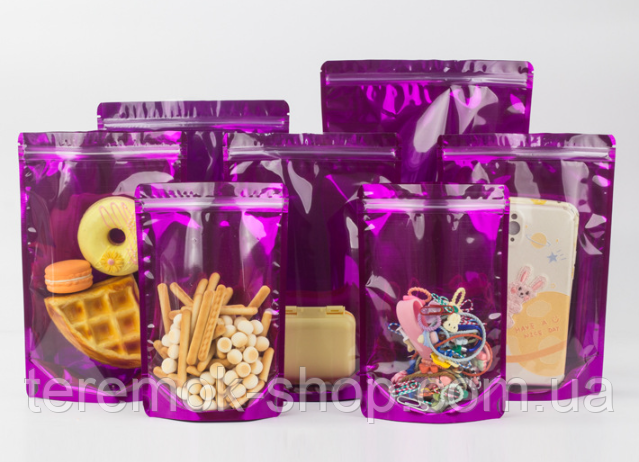 Пакет дой-пак з прозорим вікном zip-замок яскраво-фіолетовий  22х15х5 см  фасувальний, фото 1