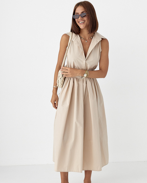 Бавовняна довга жіноча сукня з комірцем бежева вільна літня сукня міді розмір S, фото 1