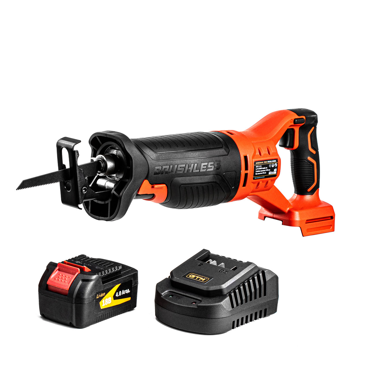 GTM Пила сабельная аккум. RS18/150BL 18В, 0-3000х/хв, дерево/кол.мет/сталь-150/22/10мм, +акум. 4Аг, зарядное устройство