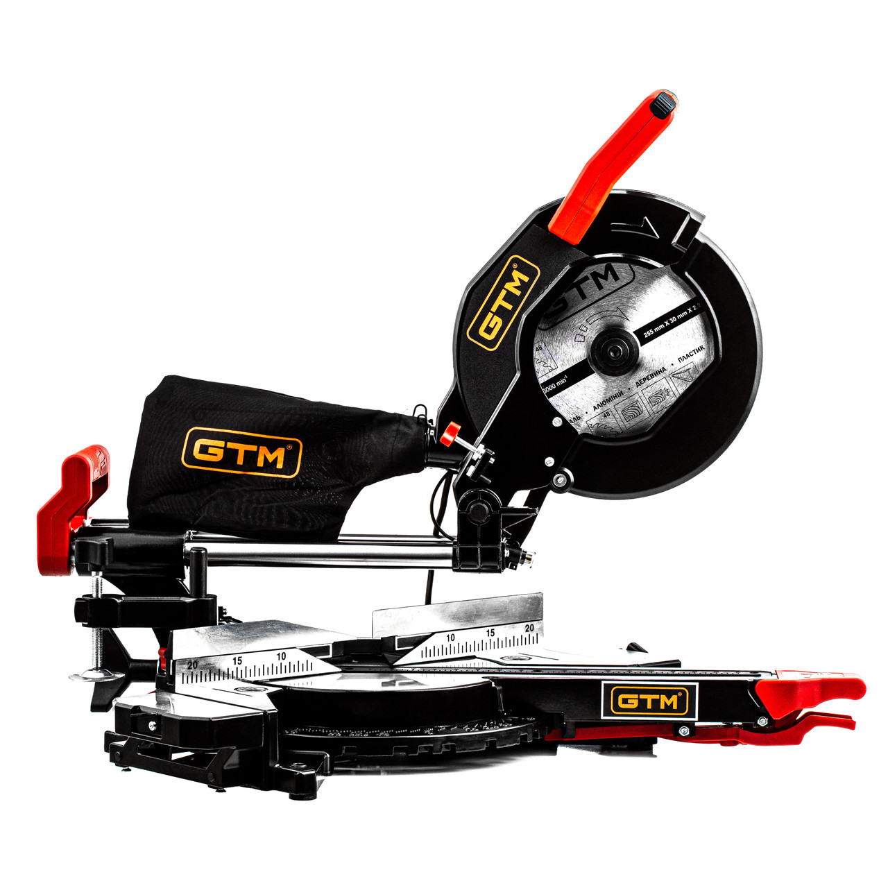 GTM Пила торцовочная HM1032 2000Вт, 255*30мм, 2шв.-3200/4500б/мин, с протяжным механизмом и лазером