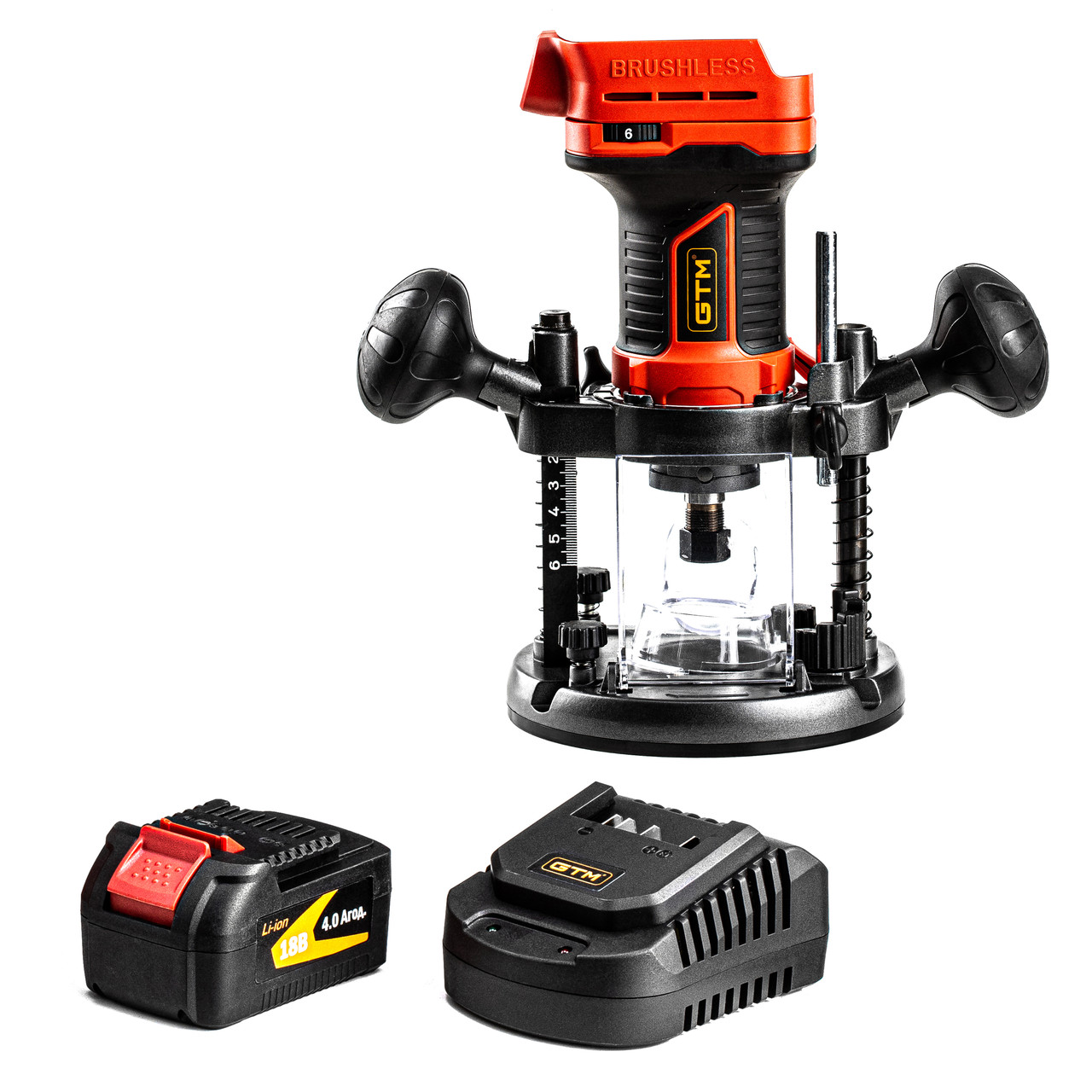 GTM Фрезер акум. R18/55BL 8000-26000об/хв, цанга 6/8мм, +акум. 4Аг, зарядний пристрій