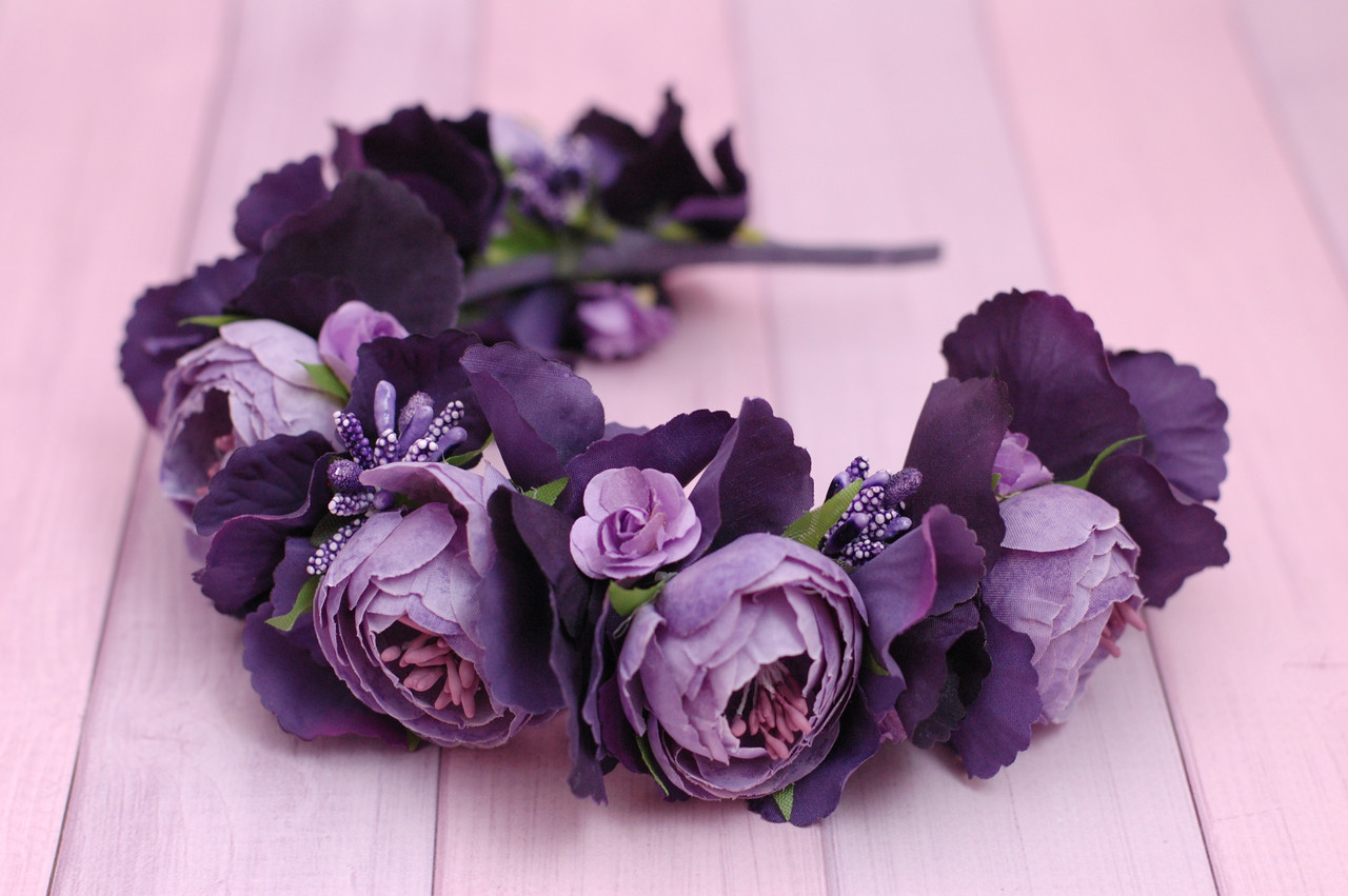 Обруч для волосся / ободок для волосся з піонами та гортензією фіолетовий 855 об, фото 1