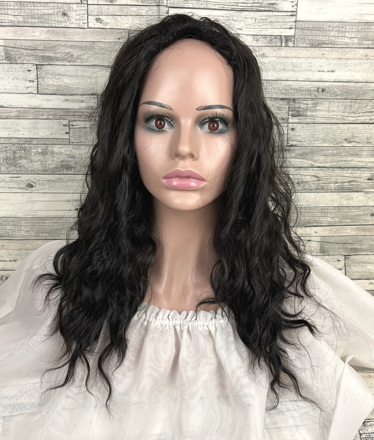 Перука жіноча хвиляста без чубчика чорна 58 см з термоволокна гофре Мауї., фото 1