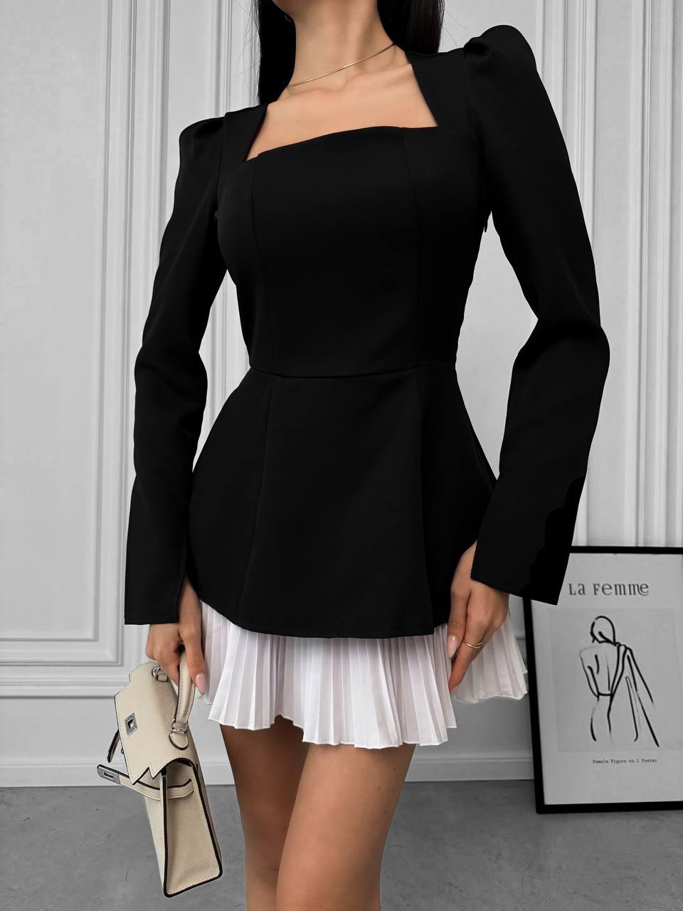 Жіноча базова святкова міні приталена сукня Old Money з білим спідником костюмка люкс довгий рукав, фото 1