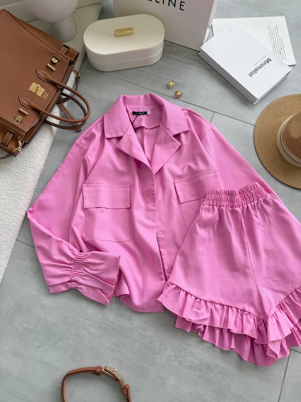 Жіночий костюм із шортами; Кольори: молоко, рожевий, блакитний; Розміри: 42-44, 44-46;, фото 1