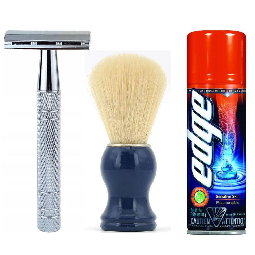 Класична Т-подібна бритва+10 лез + помазок з дерева SHIMA з ворсом борсука синій + гель для гоління Wilkinson Sword EDGE Sensitive, фото 1