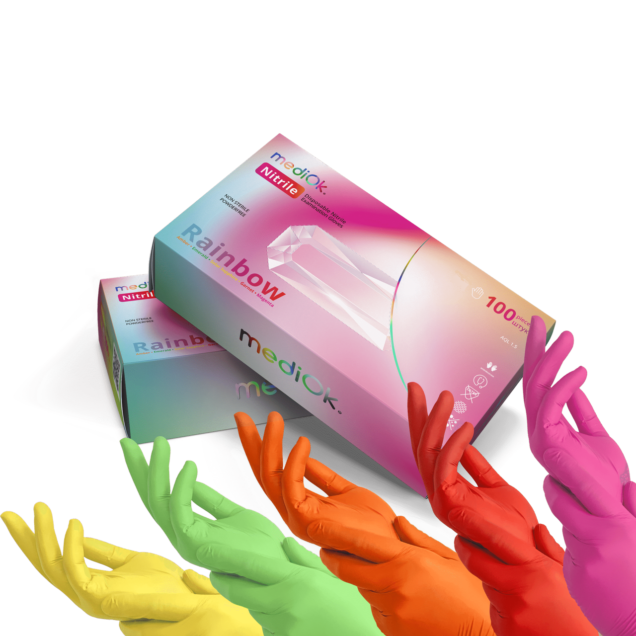 Рукавички нітрилові MediOk RAINBOW 5 кольорів без пудри 100шт S, фото 1