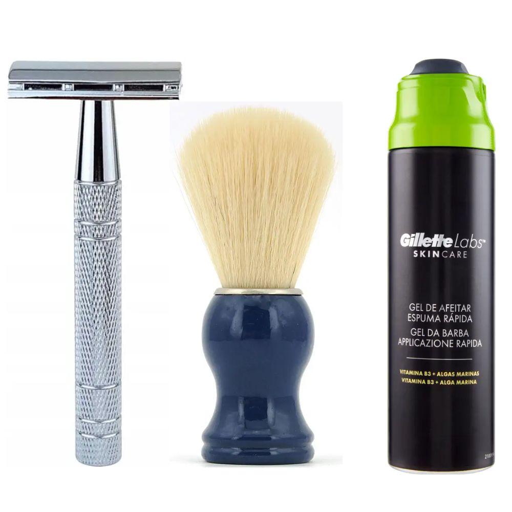 Класична Т-подібна бритва+10 лез + помазок з дерева SHIMA з ворсом борсука синій + гель для гоління Gillette Labs Gel 198 мл, фото 1