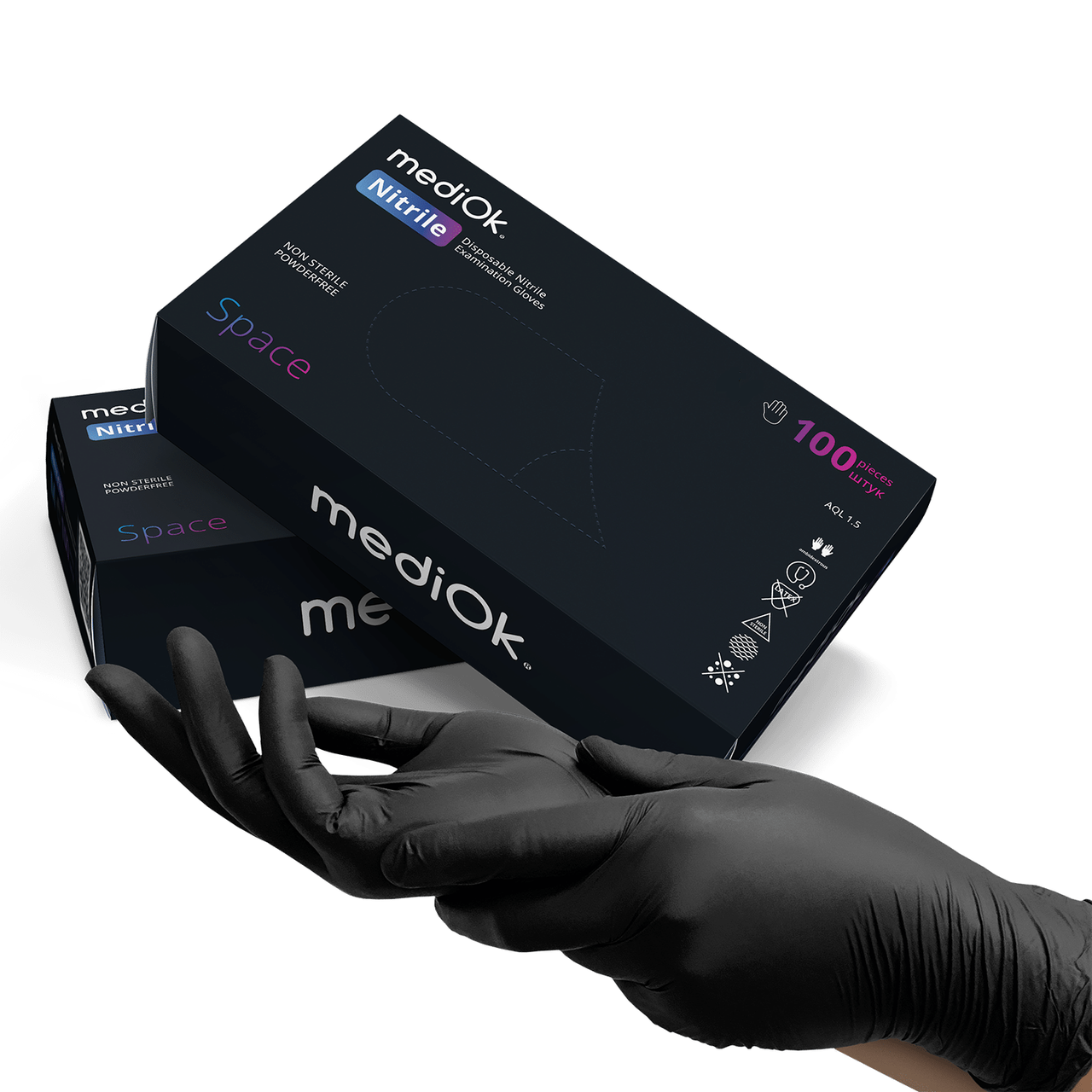 Рукавички нітрилові MediOk Space чорні 100шт M, фото 1
