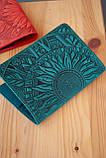 Обкладинка на паспорт шкіряна темно-бірюзова з тисненням Соняхи, фото 6