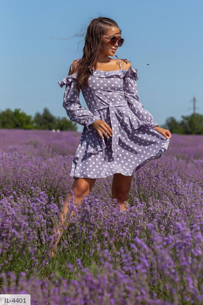 Плаття жіноче романтичне коротке стильне з воланами в горошок на зав'язках розміри 42-48