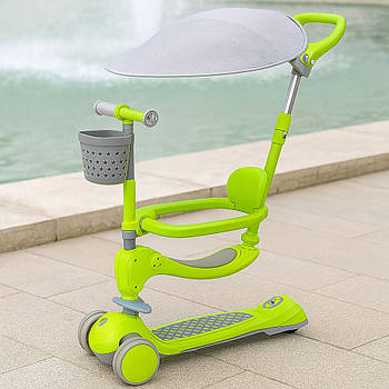 Дитячий самокат із сидінням 5в1, до 90кг, Зелений / Самокат для дітей / Самокат коляска / Самокат з ручкою