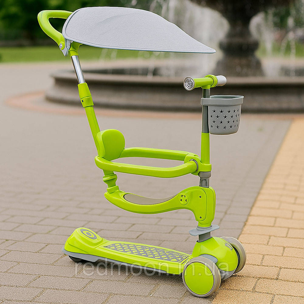 Дитячий самокат із сидінням 5в1, до 90кг, Зелений / Самокат для дітей / Самокат коляска / Самокат з ручкою, фото 1
