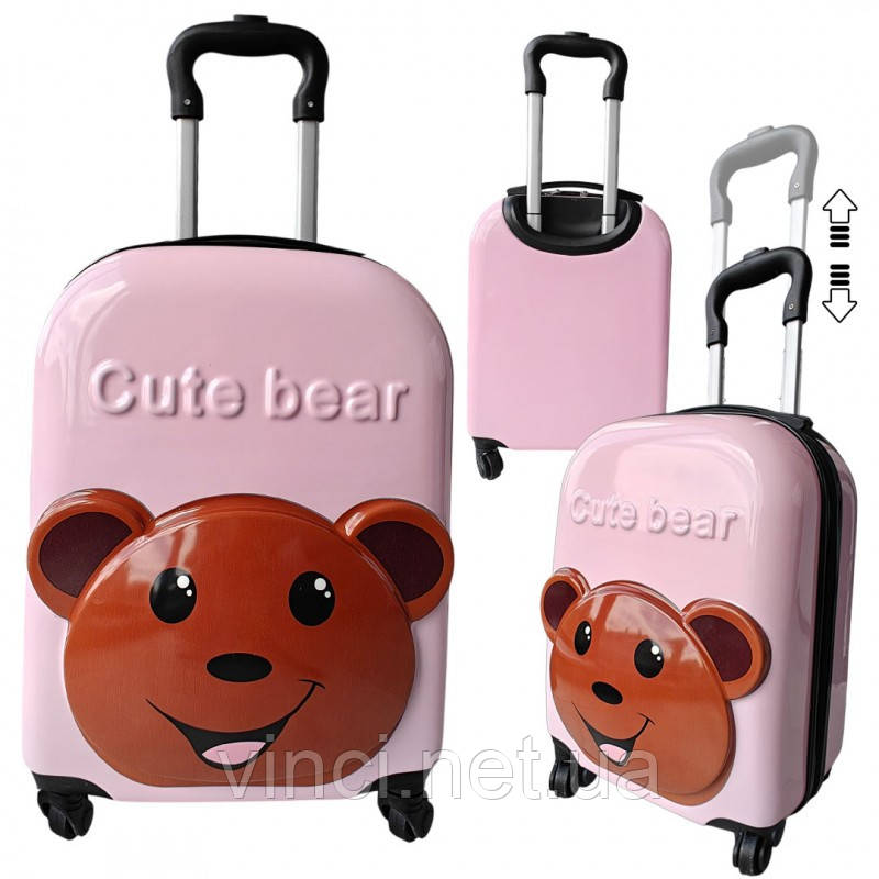 Валіза дитяча на 4 колесах eCarla WP05 РОЖЕВА ВЕДМЕДИК Дорожня валізка для дівчинки із полікарбонату, фото 1