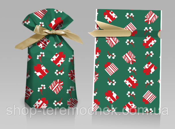 Пакет подарунковий зелений Новий рік з малюнком Подарунки і стрічкою затяжкою поліетиленовий 33х22 см 1 шт, фото 1