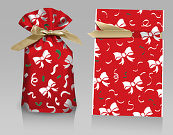 Пакет подарунковий Червоний бантики новорічний зі стрічкою затяжкою поліетиленовий 33х22 см 1 ш