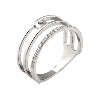 Срібна каблучка тріо з тонкими смугами профілю й білими фіанітами