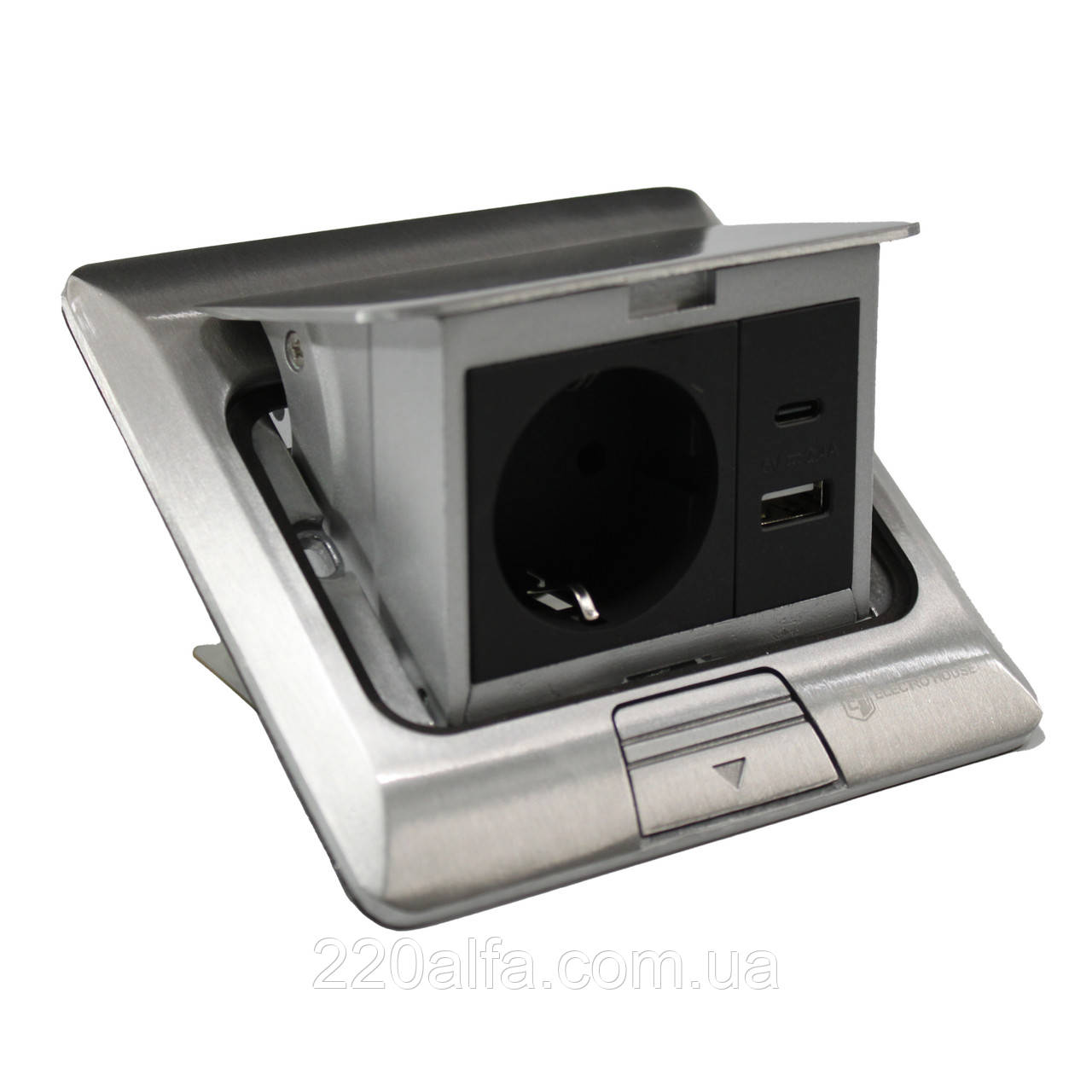 Розетка для підлоги з заземленням врізна 16А + 2USB (type C+A) 2.4А, IP44 , алюміній, фото 1