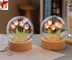 Декоративний нічник тюльпани в колбі DIY Світильник із тюльпанами в скляній кулі