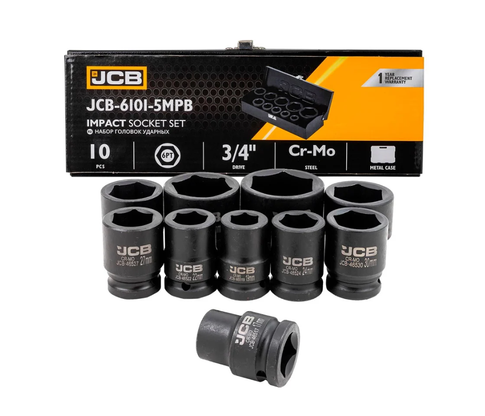 Набір головок ударних в металевому кейсі 10 од. 3/4'' (6-гр.) (17-46 мм) JCB Tools JCB-6101-5MPB, фото 1