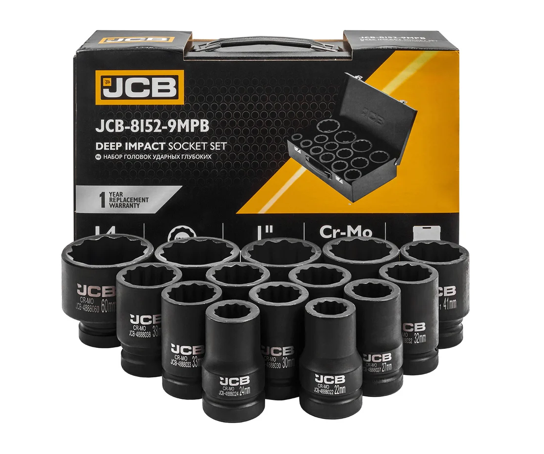 Набір головок ударних глибоких в металевому кейсі 14 од. 1'' (12-гр.) (22-60 мм) JCB Tools JCB-8152-9MPB, фото 1