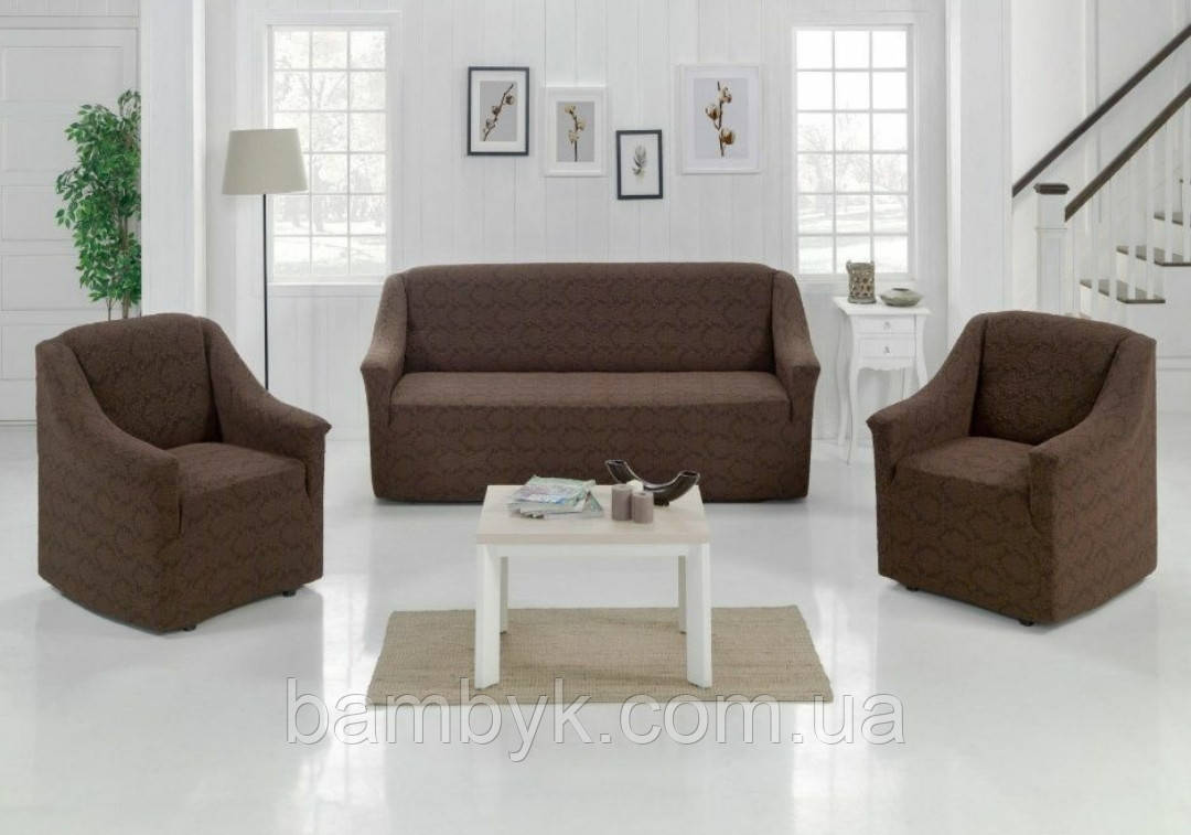 Чохли для меблів жакардові на тримісний диван і два крісла без оборки натяжні універсальні Kaspi шоколад