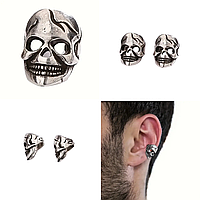 1 Чоловіча сережка-затискач «Череп на вухо» чоловіча кафа з черепом без пірсингу
