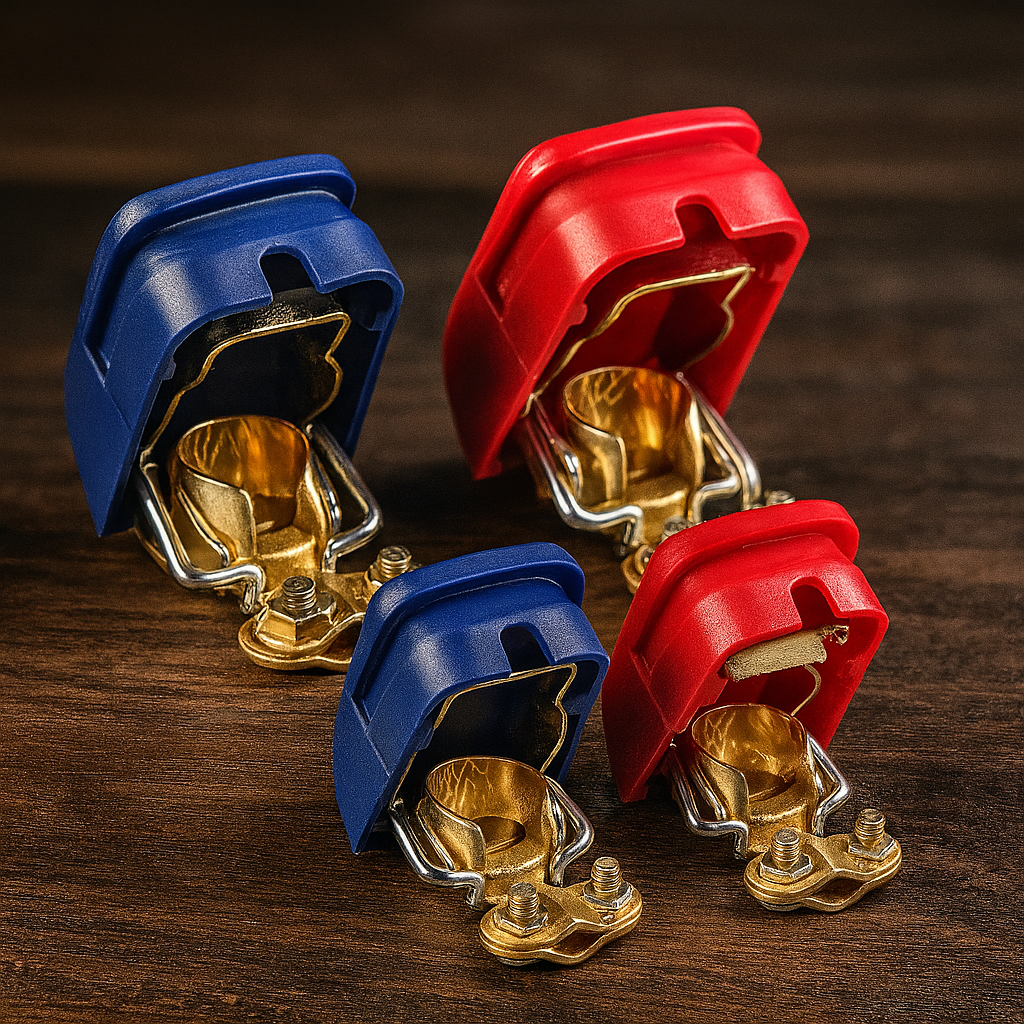 Швидкознімні мідні клеми для АКБ 12В — універсальні, червона і синя, для авто та UPS