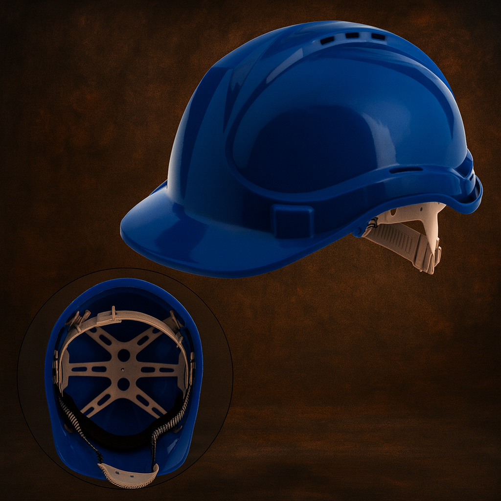Каска будівельна синя для захисту голови на робочих об’єктах, комфортна та помітна